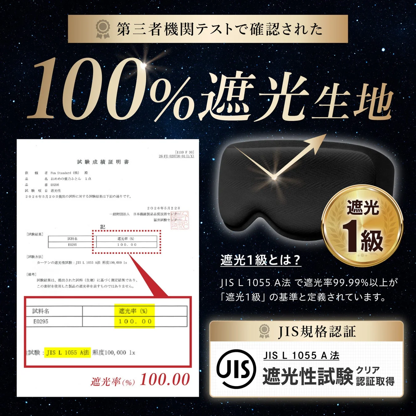 100%遮光生地の試験成績証明書