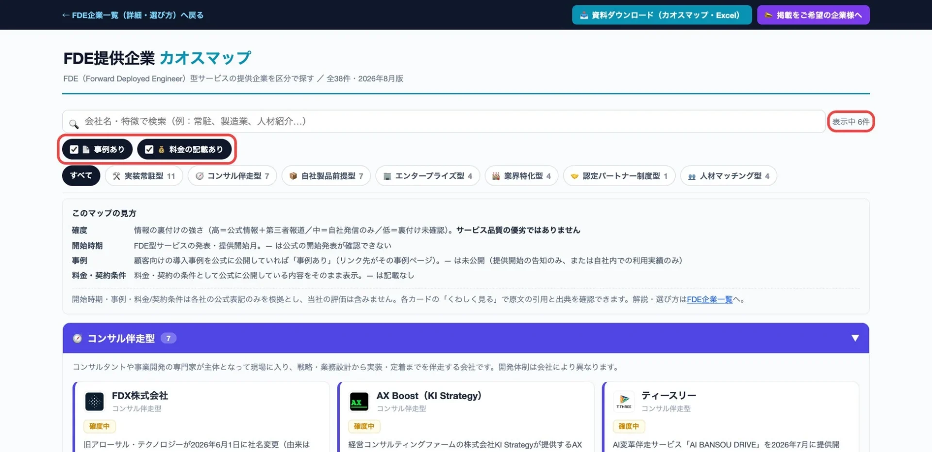 FDE企業一覧の絞り込み機能