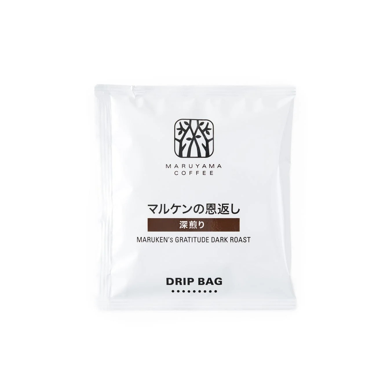 白い背景に、丸山珈琲の「マルケンの恩返し 深煎り」と書かれたドリップバッグコーヒーのパッケージ