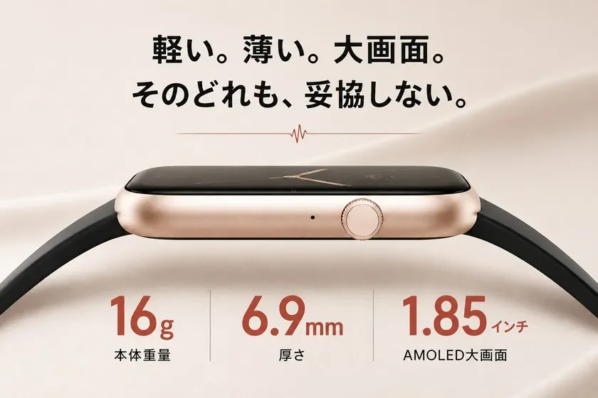 軽量で薄型、大画面が特徴のスマートウォッチ