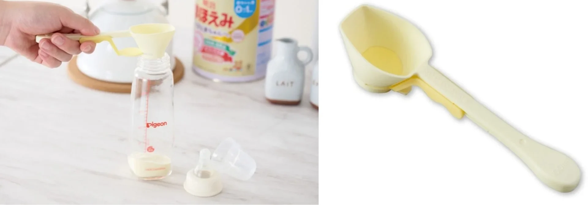 粉ミルクを注ぐ様子と計量スプーン
