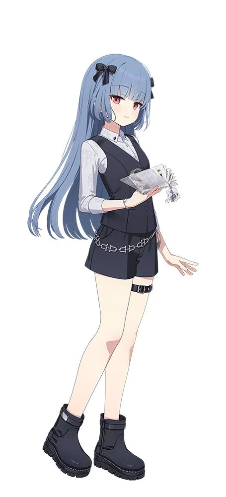 水色のロングヘアと赤い目のアニメ少女が、黒いベストとショートパンツ、ブーツを身につけ、手に本を持って立っている全身イラストです。クールで可愛らしい雰囲気が特徴です。