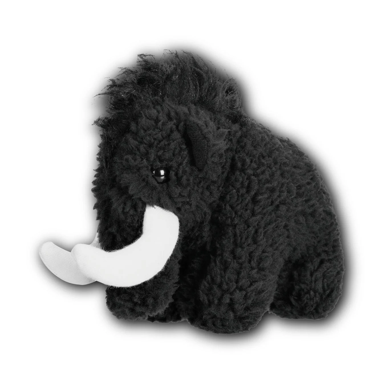 白い背景に、黒く毛むくじゃらなマンモスのぬいぐるみ