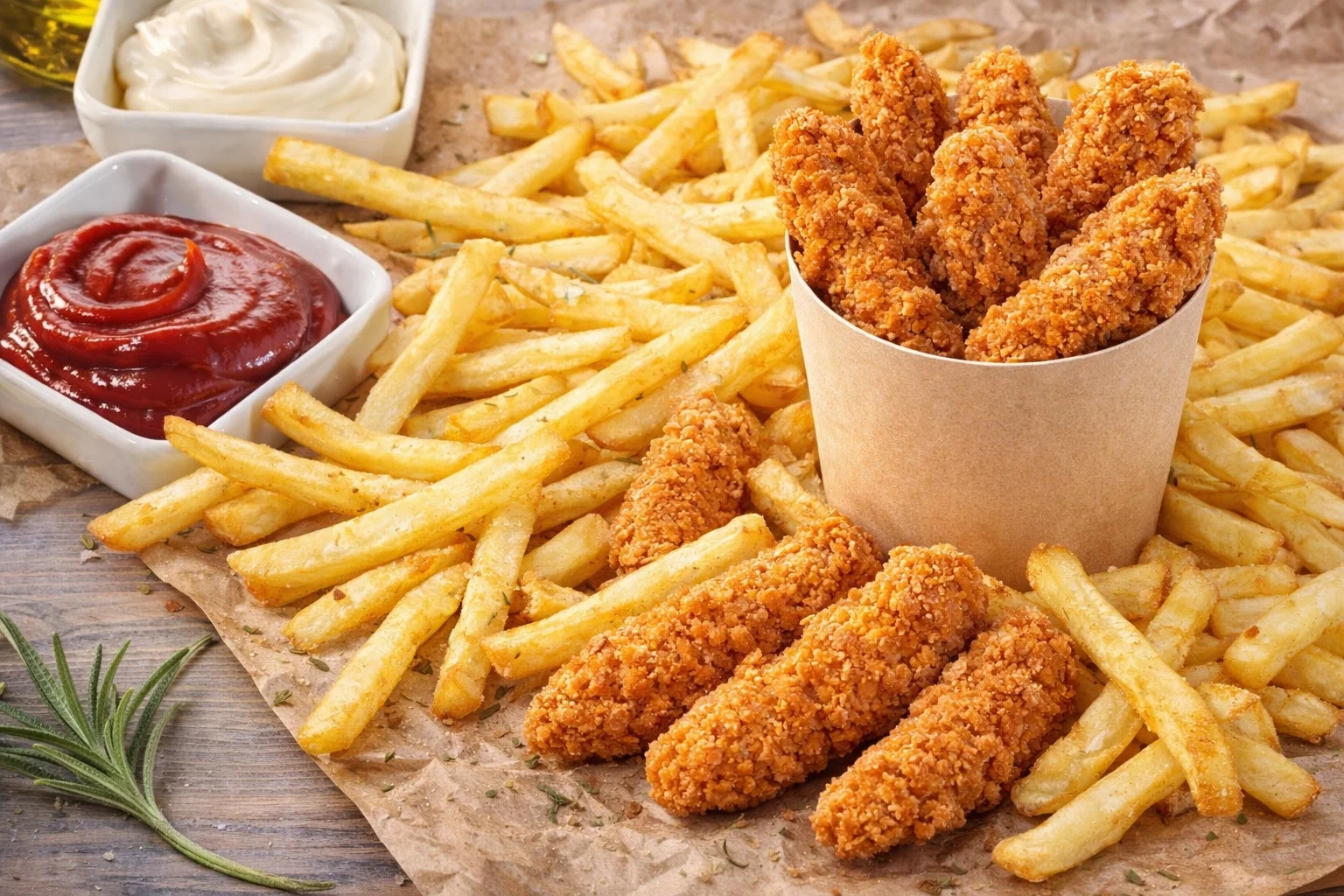 サクサクのフライドポテトと衣付きのチキンテンダーが山盛りに盛られ、ケチャップとマヨネーズのディップソースが添えられた、食欲をそそるファストフードの盛り合わせです。