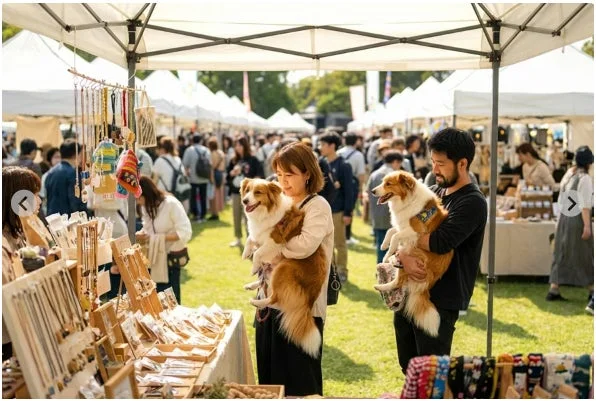 屋外マーケットで愛犬を抱っこする人々