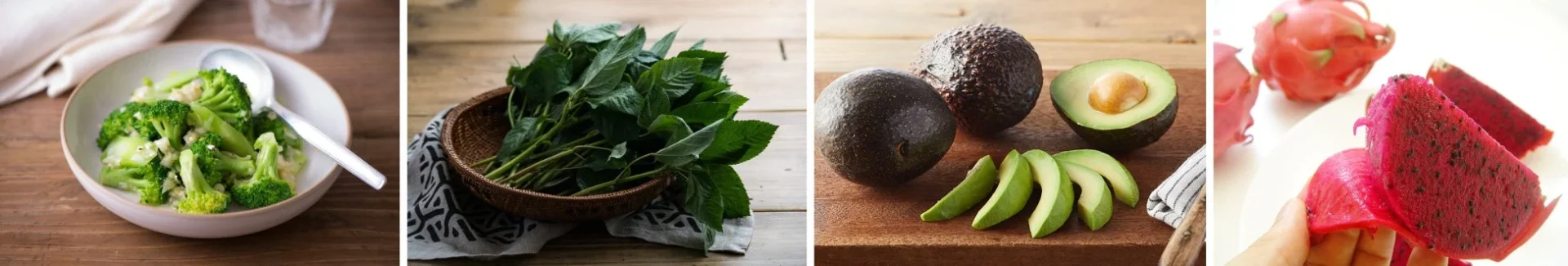 ブロッコリー、緑の葉物野菜、アボカド、ドラゴンフルーツといった様々な新鮮でヘルシーな食材が並べられた様子を捉えています。健康的な食生活を想起させる、彩り豊かな食材のコレクションです。