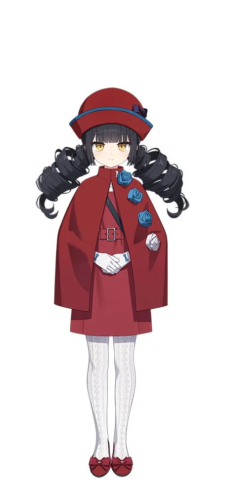 赤いケープと帽子を身につけた、黒髪ツインテールの少女のイラストです。黄色い瞳が特徴的で、ケープには青いバラの飾りがついています。白い手袋と模様入りの白いタイツを着用し、赤いリボン付きの靴を履いています。
