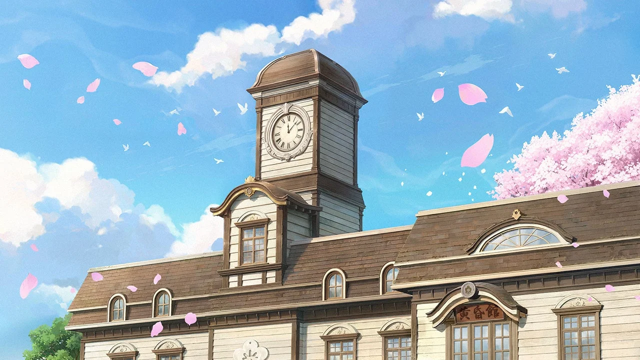 青い空と白い雲の下、時計台のあるレトロな建物が描かれています。桜が満開で、ピンク色の花びらが舞い散る美しい春の風景です。