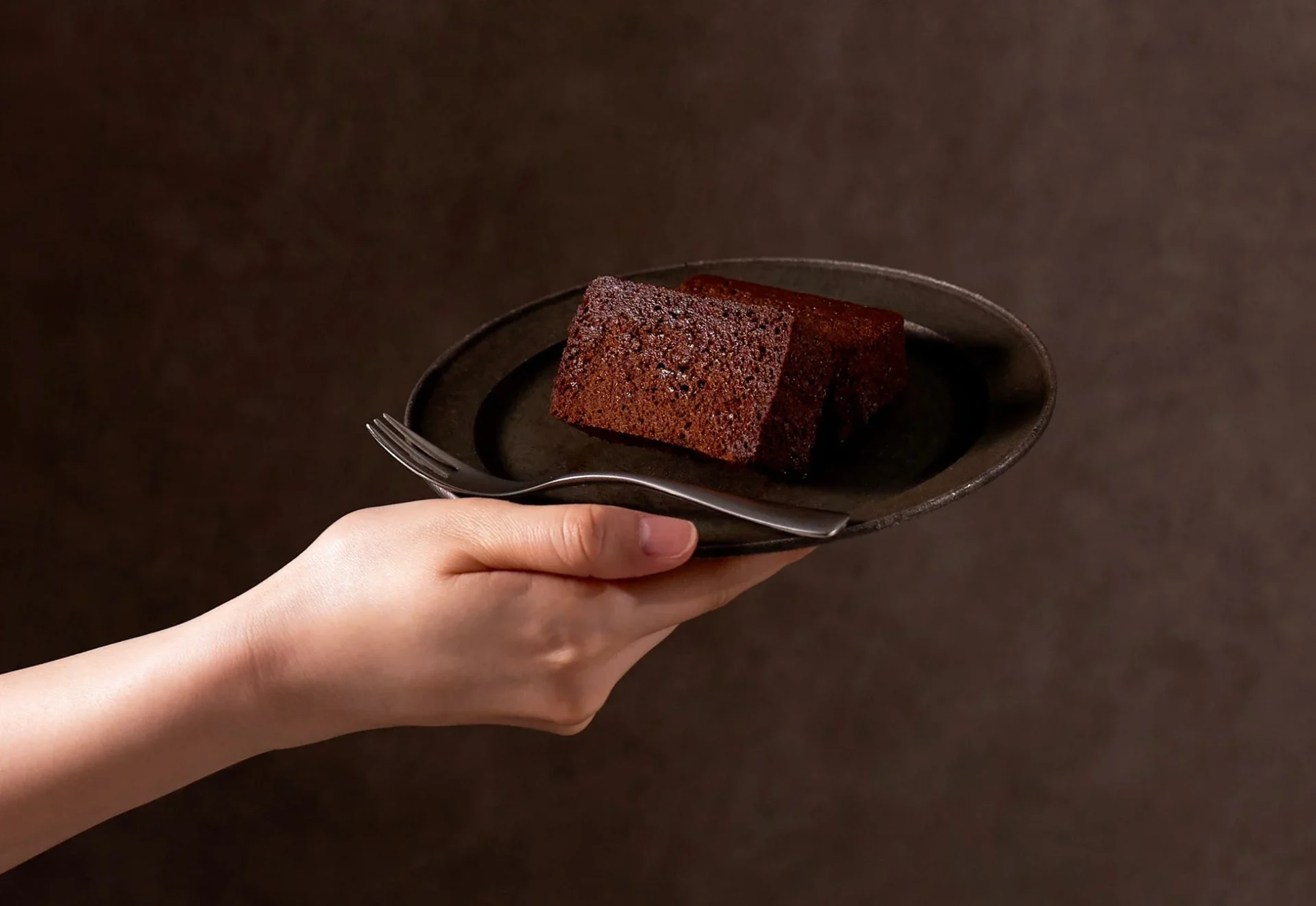 皿に盛られたチョコレートケーキ