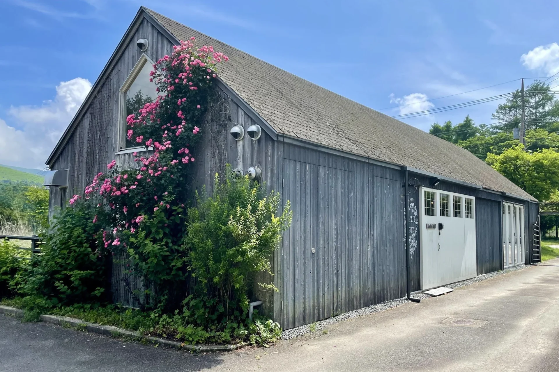 GARDEN SHED周辺の木造建築と薔薇