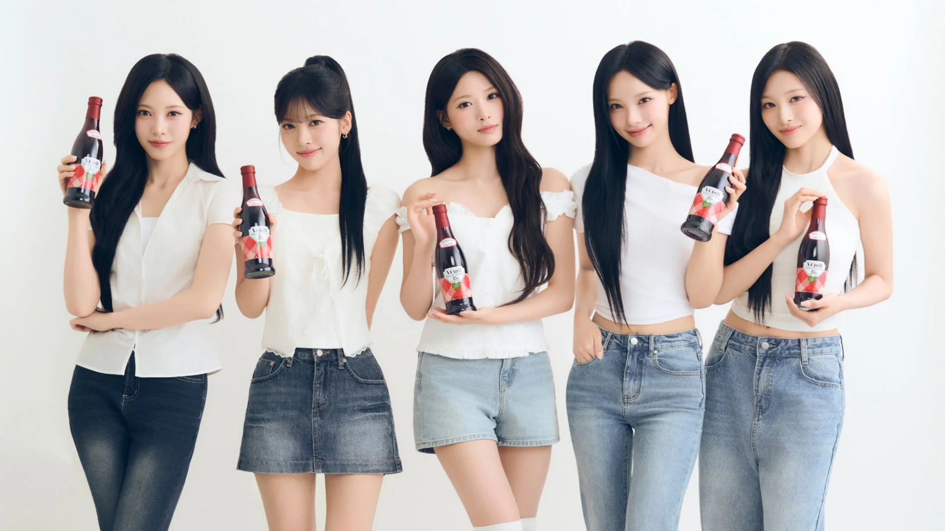 白い背景の前で、5人の若い女性がそれぞれイチゴ味のドリンクボトルを持ってポーズをとっています。