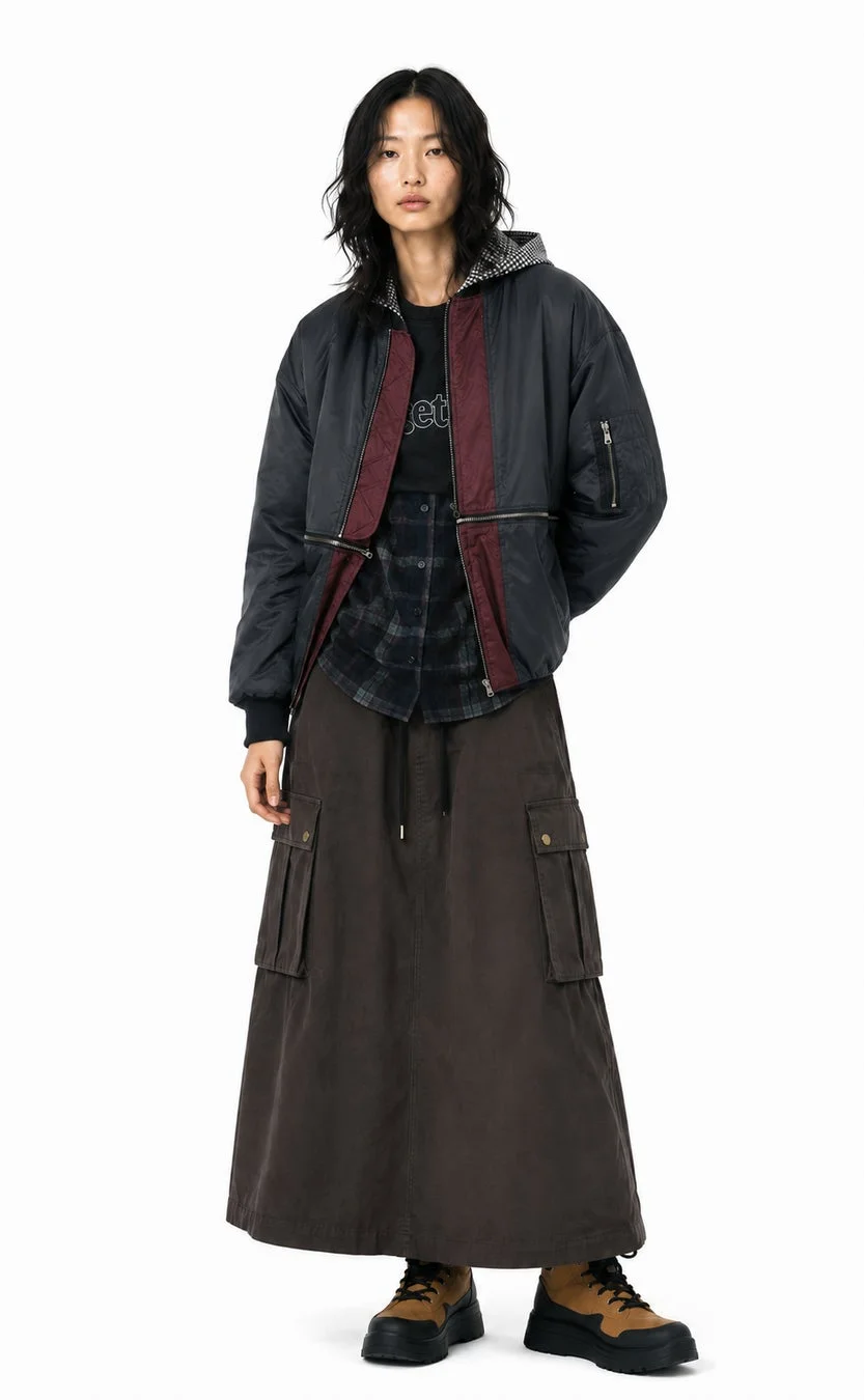 女性モデル、ボンバージャケット、チェックシャツ、カーゴスカート