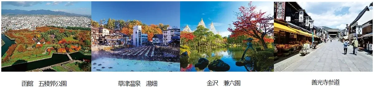 函館五稜郭公園、草津温泉湯畑、金沢兼六園、善光寺参道