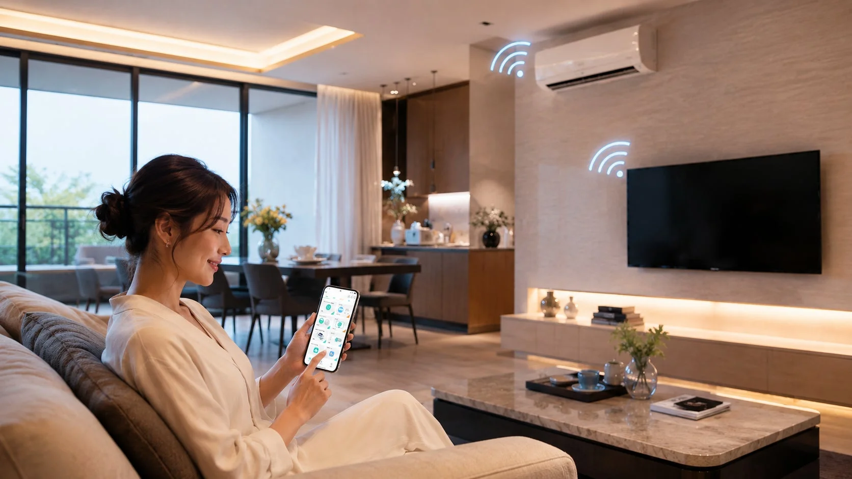 女性がスマホで家電を操作している様子