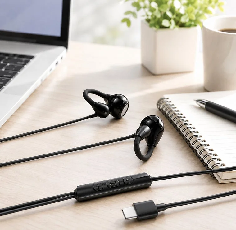 USB-C接続の黒いイヤホンが木製のデスクに置かれています