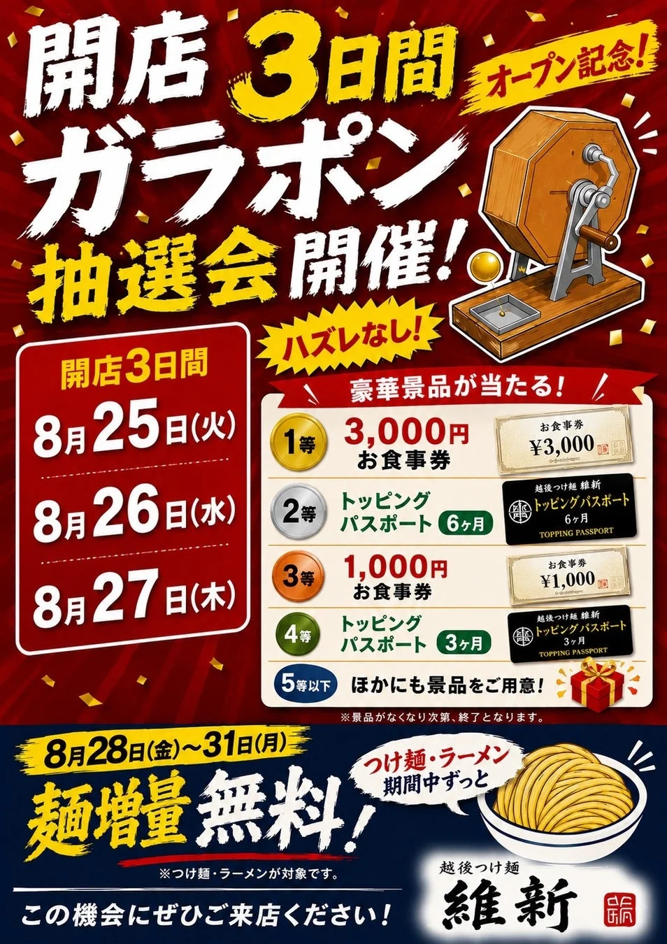 越後つけ麺 維新の開店記念告知ポスター。8月25日から3日間、ハズレなしのガラポン抽選会で豪華景品が当たる。8月28日からはつけ麺・ラーメンの麺増量が無料となるキャンペーンも実施。この機会にぜひ来店を呼びかけている。