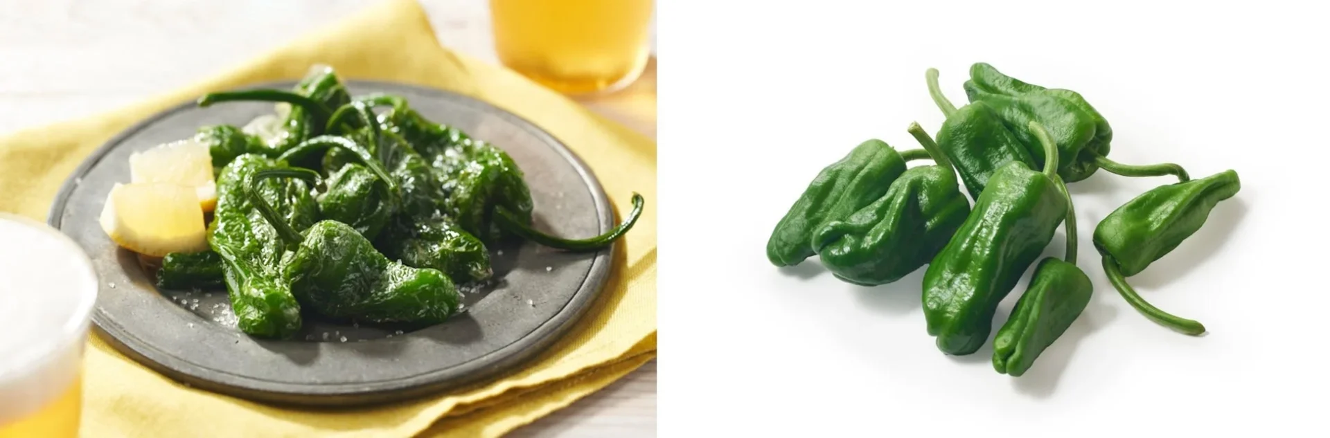 塩とレモンが添えられた揚げピーマンの料理と、白い背景に置かれた生の緑色のピーマンが並べられた画像です。食材と調理後の姿を対比させています。
