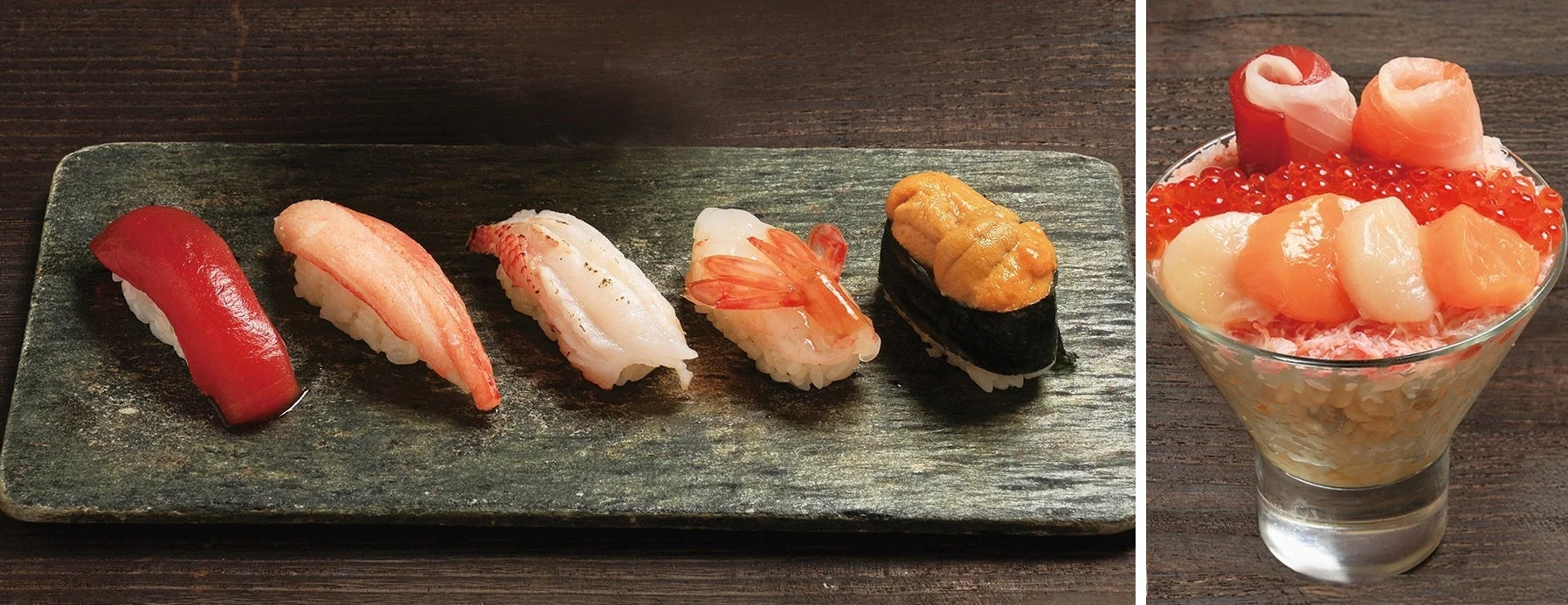 豪華な握り寿司の盛り合わせと、いくら、ホタテ、マグロなどが美しく盛り付けられた海鮮丼
