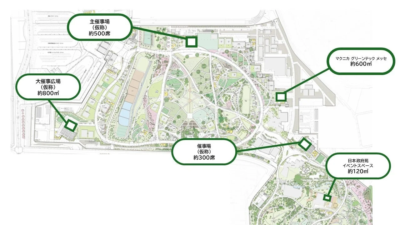 この画像は、ある施設の全体配置図です。主催事場、大催事広場、催事場、マクニカ グリーンテック メッセ、日本政府館イベントスペースなど、主要なイベントスペースや駐車場の場所と規模が示されています。各エリアの席数や面積が記載されており、イベント計画などに役立つ情報です。