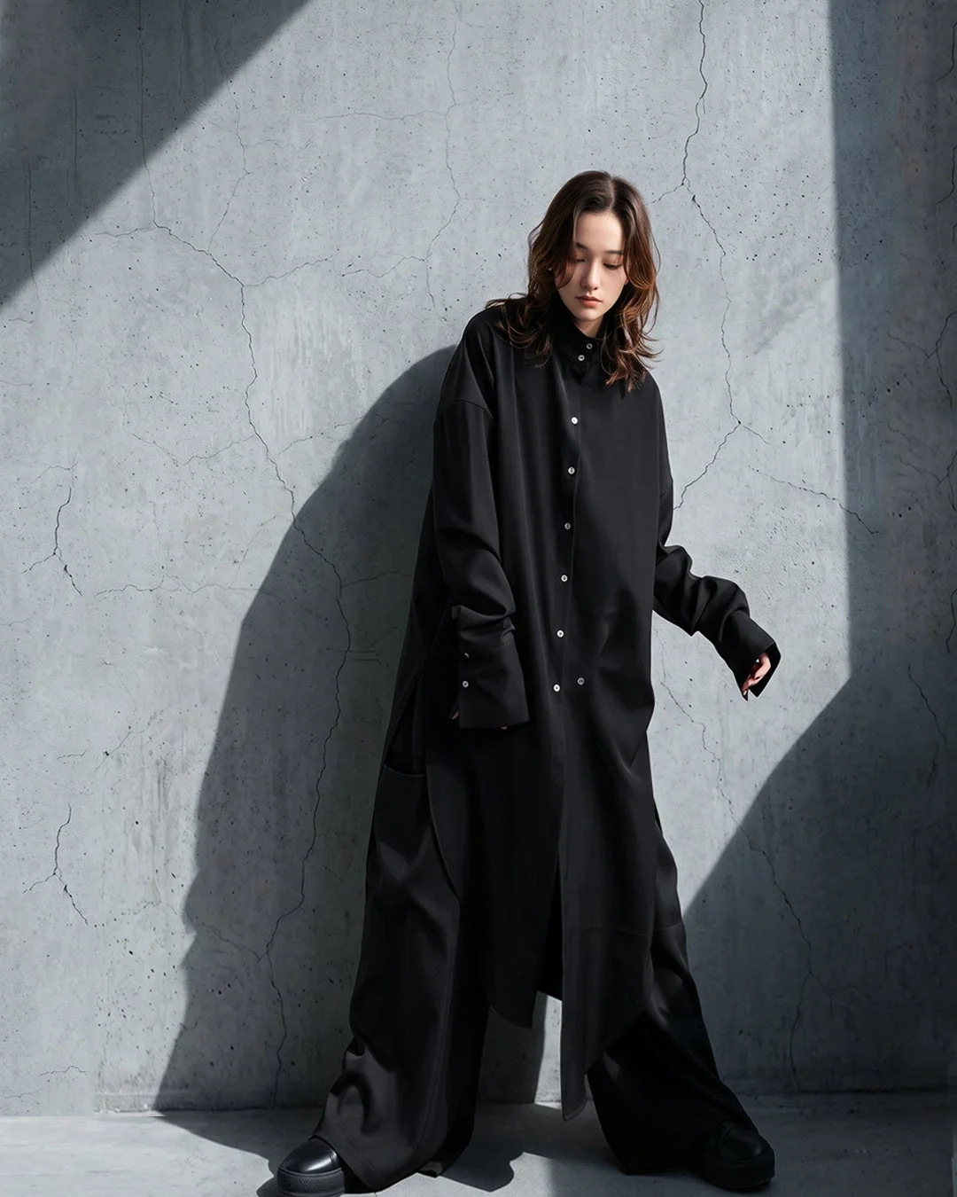 黒いシャツワンピースのファッション