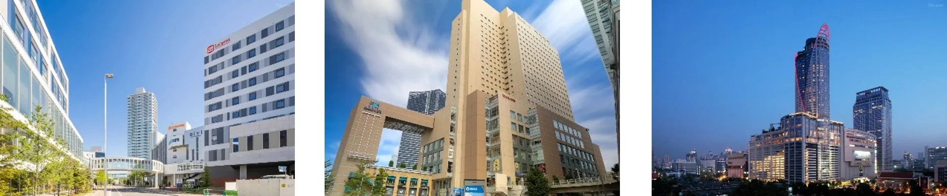 ホテルや商業施設、高層ビル群が写る日中の景色と、煌めく夜景