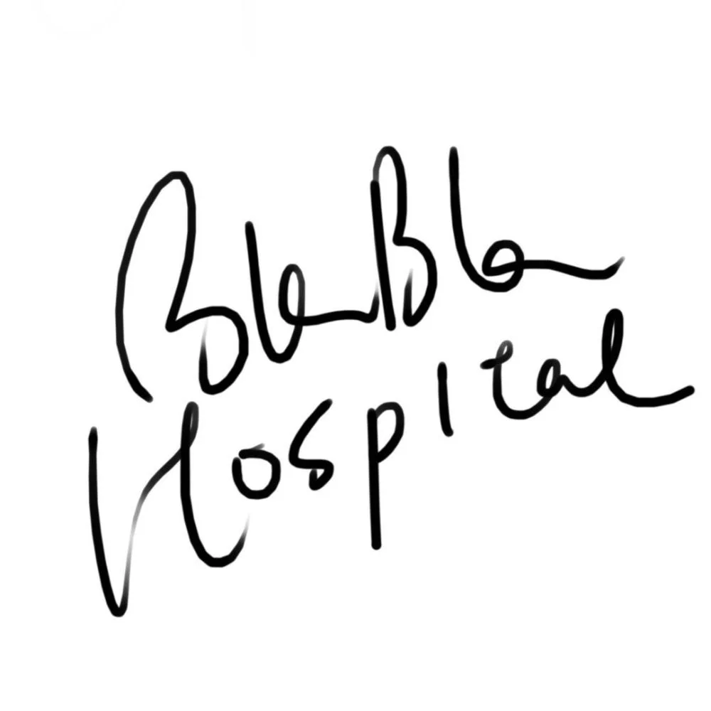 白い背景に「Bla Bla Hospital」と手書き風の黒い文字で書かれた画像。病院の名前を示すロゴやデザインの一部として使われる可能性のあるテキストです。