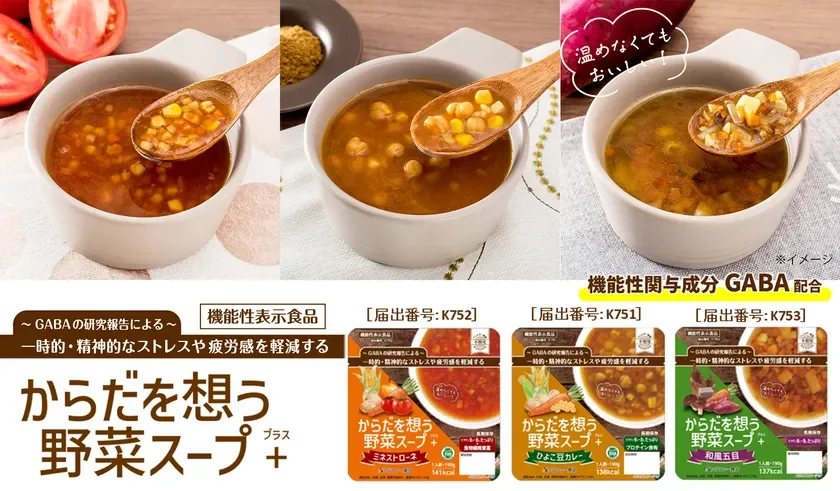 GABAを配合した「からだを想う野菜スープ+」3種類の製品パッケージと盛り付け例