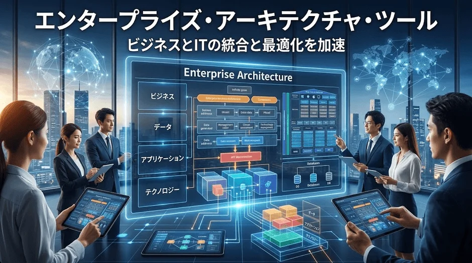 ビジネスパーソンたちがエンタープライズアーキテクチャツールを囲み、ビジネスとITの統合・最適化について議論しています。中央には複雑なシステム図が示され、データ、アプリケーション、テクノロジーの連携を通じて、企業のデジタル変革と効率化を加速するソリューションを表現しています。