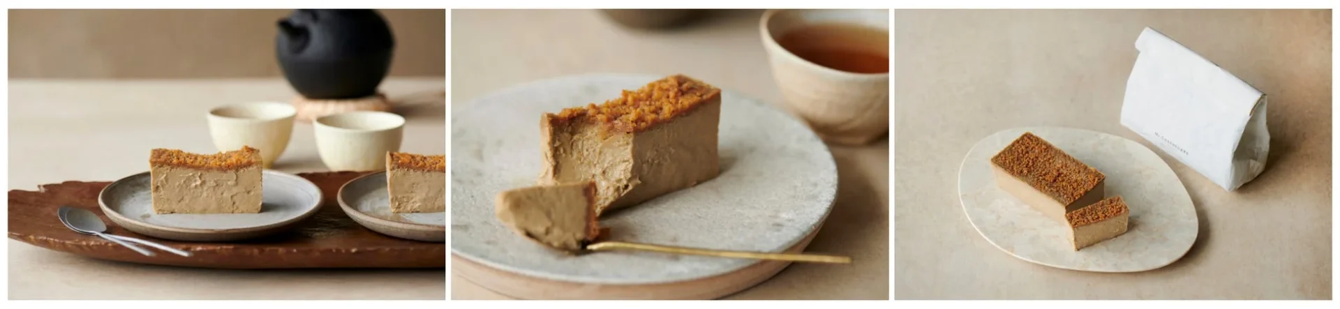 クラムを乗せたチーズケーキのカット