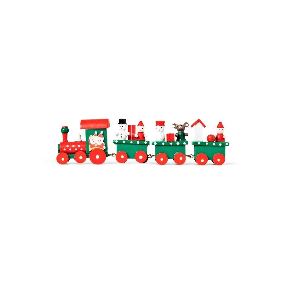雪だるまやサンタクロースが飾られた木製クリスマス列車