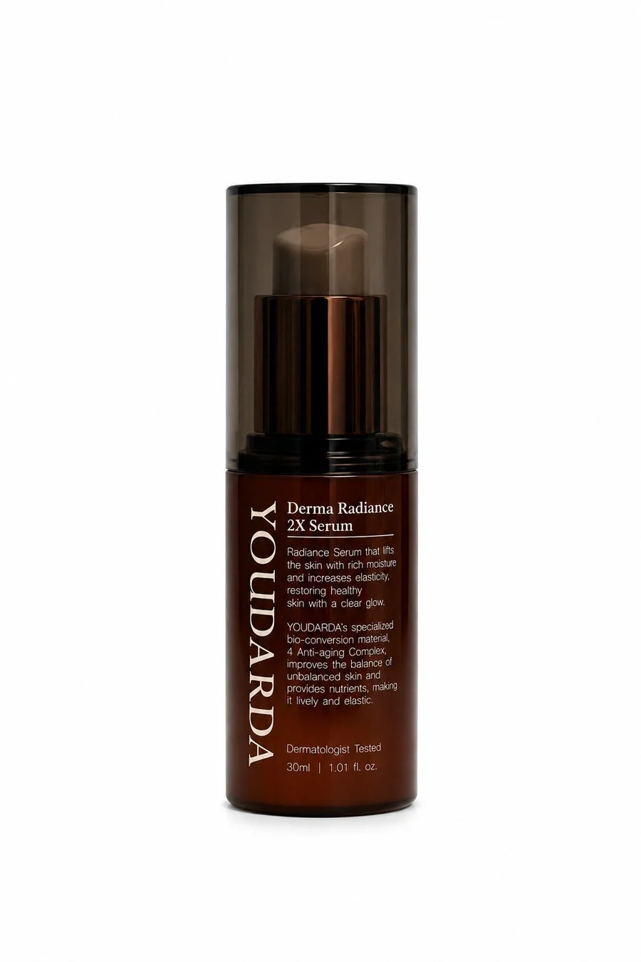 YOUDARDA Derma Radiance 2X Serum Radiance Serum that lifts the skin with rich moisture and increases elasticity, restoring healthy skin with a clear glow. YOUDARDA's specialized bio-conversion material, 4 Anti-aging Complex, improves the balance of unbalanced skin and provides nutrients, making it lively and elastic. Dermatologist Tested 30ml | 1.01 fl. oz.
