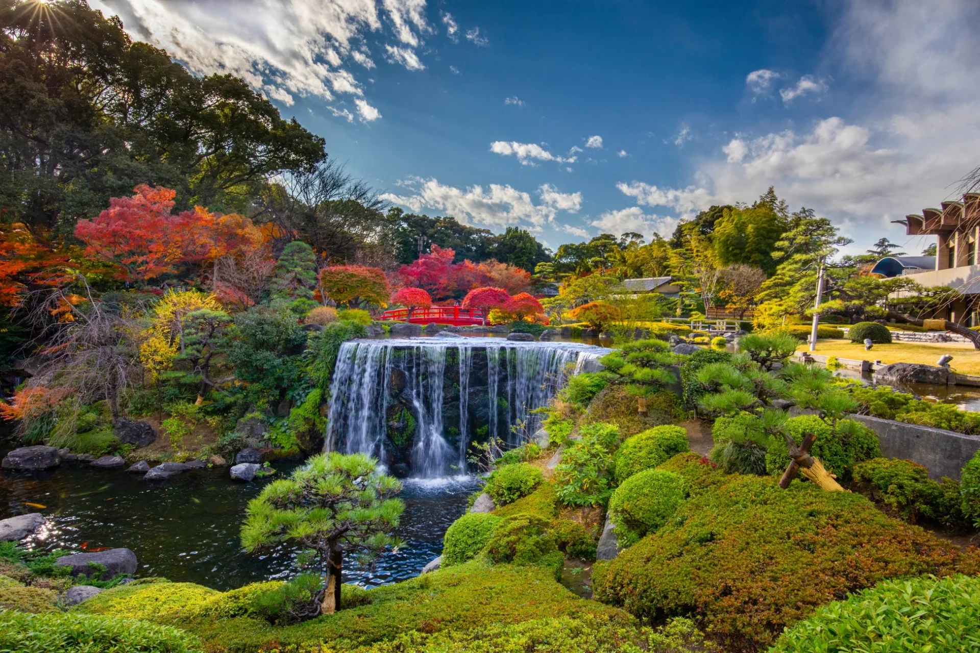 日本庭園の紅葉と滝