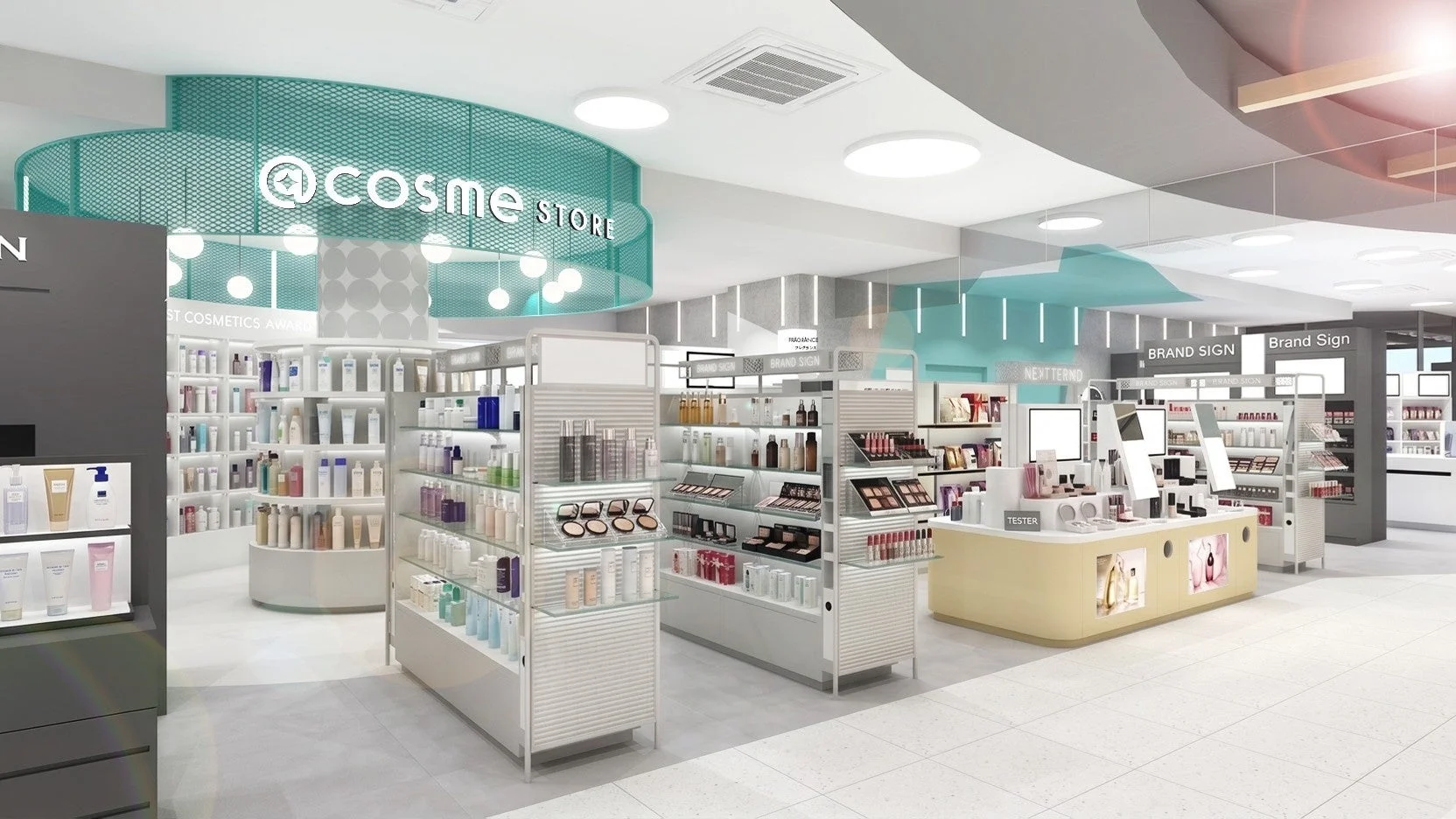 コスメストアの店内、テスターカウンター