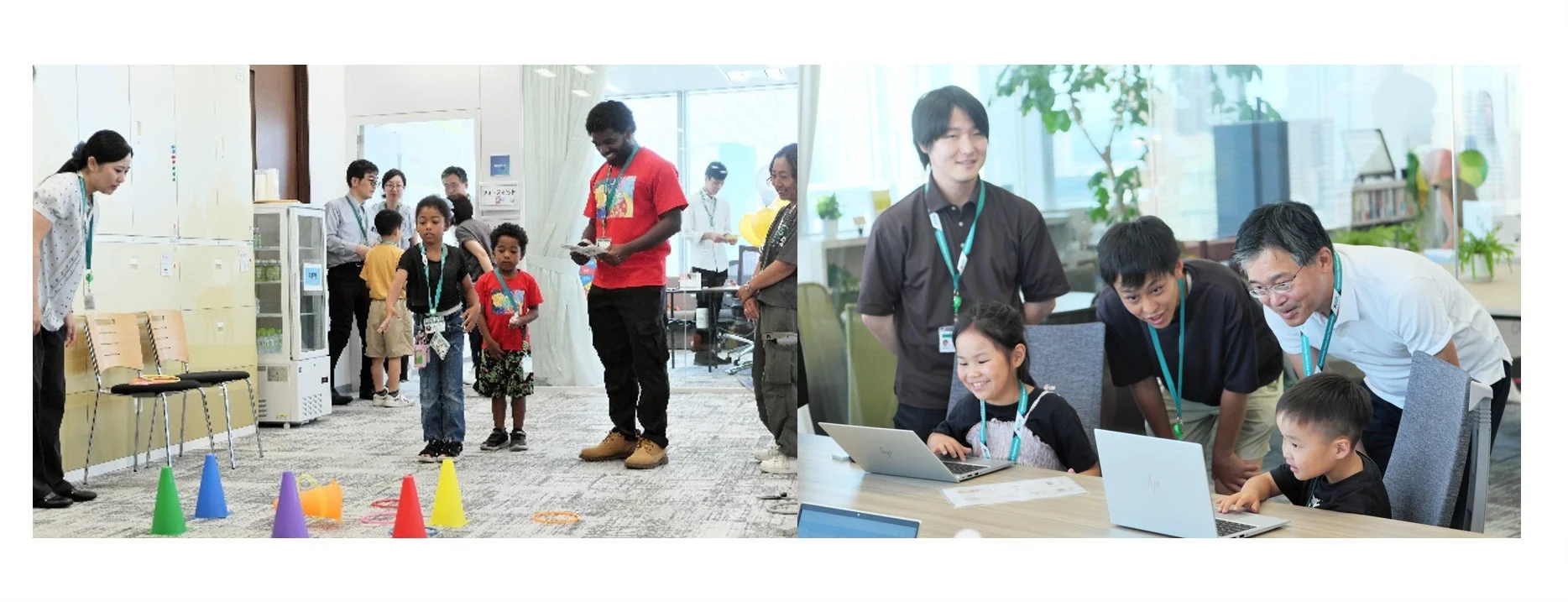 オフィスで大人と一緒に学習活動をする子供たち