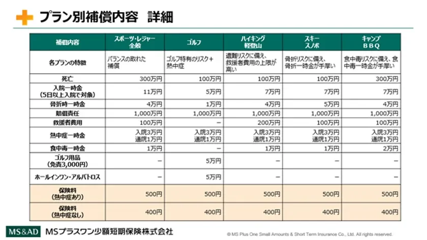 スポレク1日ほけん プラン別補償内容