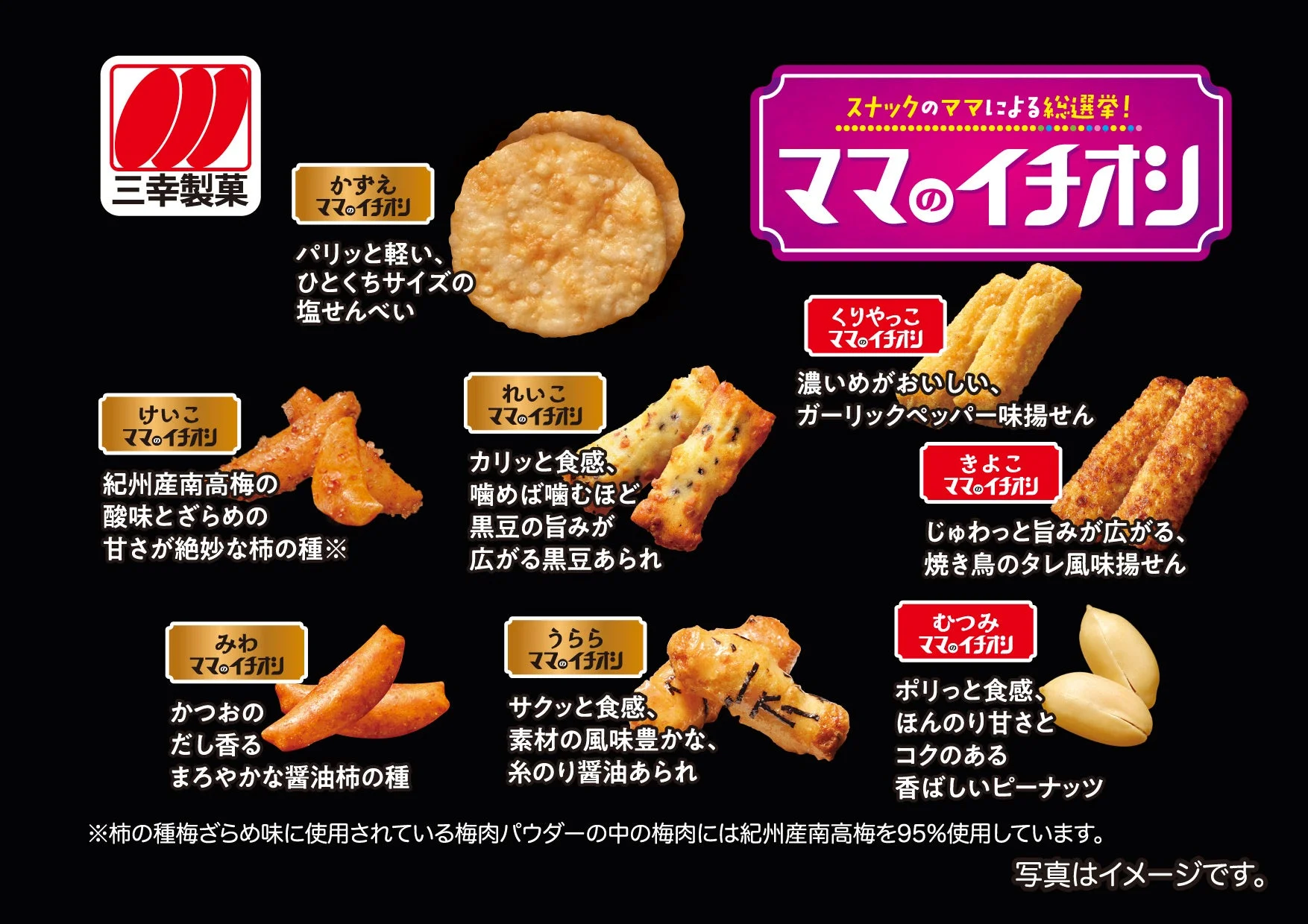 三幸製菓の「ママのイチオシ」ブランドの多種多様なスナック菓子を紹介する広告です。塩せんべい、梅ざらめ柿の種、黒豆あられ、ガーリックペッパー揚せんなど、8種類の商品の特徴が説明されています。