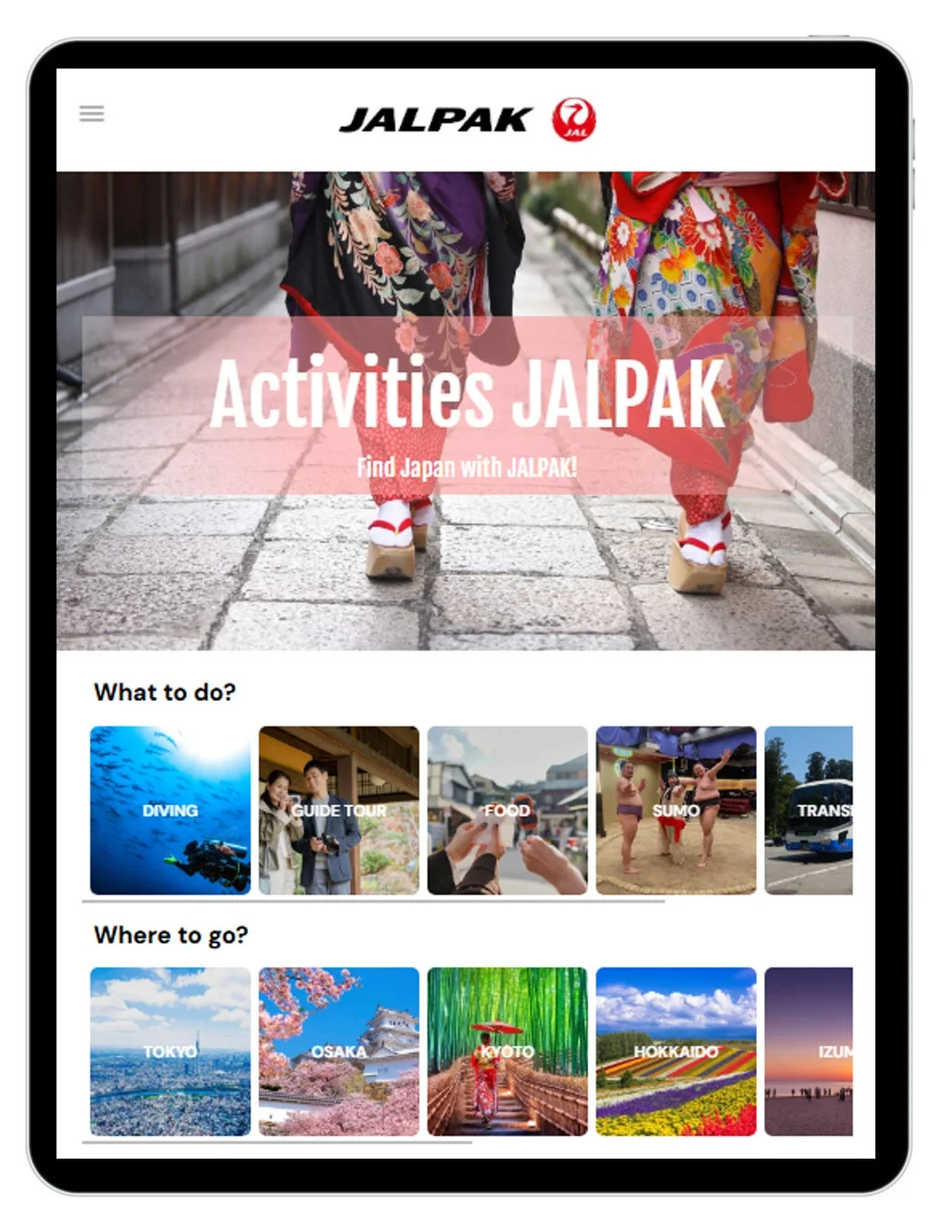 JALPAKのウェブサイトがタブレットに表示されており、和服を着た人物が石畳を歩く画像がメインです。ダイビング、ガイドツアー、食事、相撲などのアクティビティや、東京、大阪、京都、北海道、出雲といった日本の主要な観光地が紹介されており、日本への旅行を促す内容となっています。
