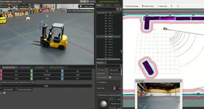 倉庫でのフォークリフトの3Dシミュレーション画面