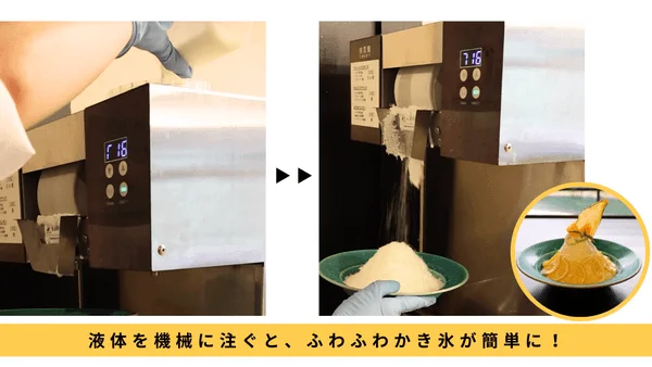 液体を機械に注ぐと、ふわふわかき氷が簡単に!