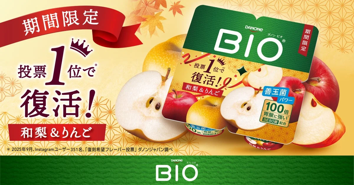 ダノンビオ 和梨&りんご、期間限定、投票1位で復活！のパッケージ画像