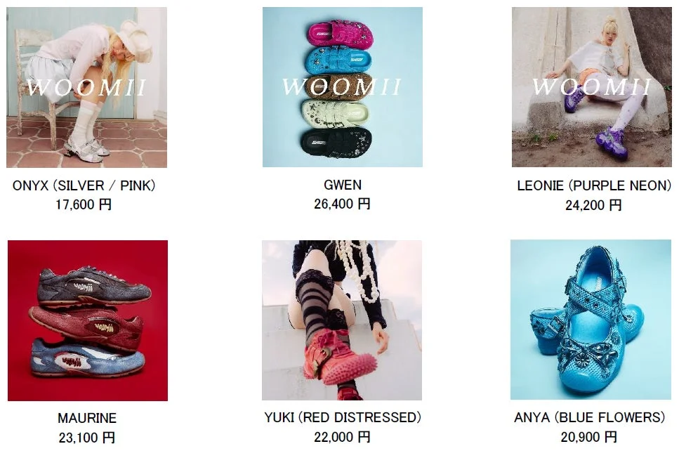 WOOMIIブランドの様々な靴を紹介する製品カタログまたはオンラインストアのスクリーンショットです。スニーカー、サンダル、ブーツ、メリージェーンなど、多様なスタイルと色の靴がモデル着用写真や商品単体の写真で提示されており、それぞれの価格も記載されています。