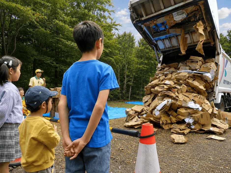資源回収車を見学する子供たち