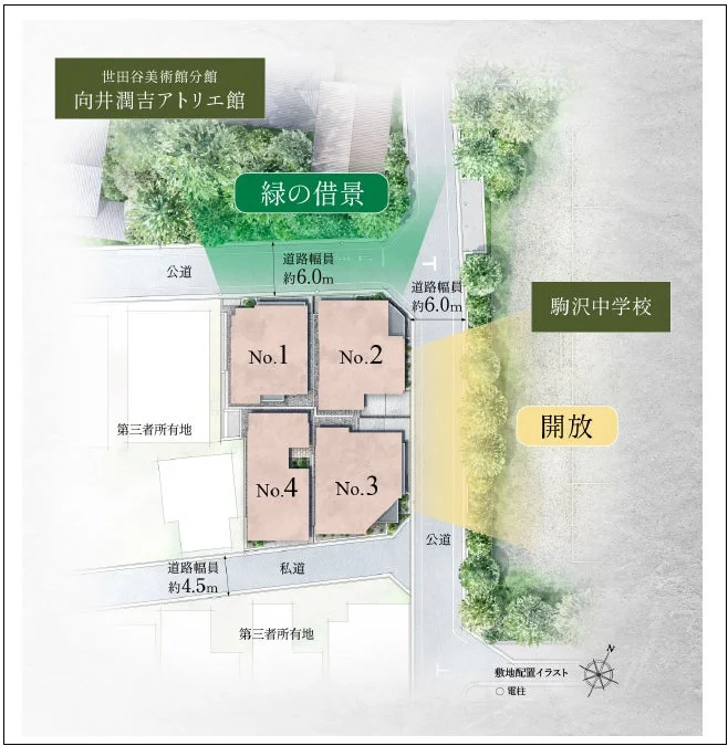 4棟の建物No.1～No.4を中心とした敷地配置図