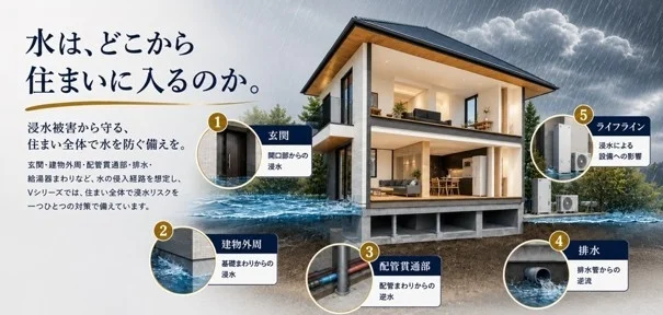この画像は、家屋に水が浸入する経路を5つのポイントに分けて解説し、浸水被害から住まい全体を守るための対策を示しています。玄関、建物外周、配管貫通部、排水管、ライフラインの各箇所からの浸水リスクと、それに対する「Vシリーズ」の備えが説明されています。
