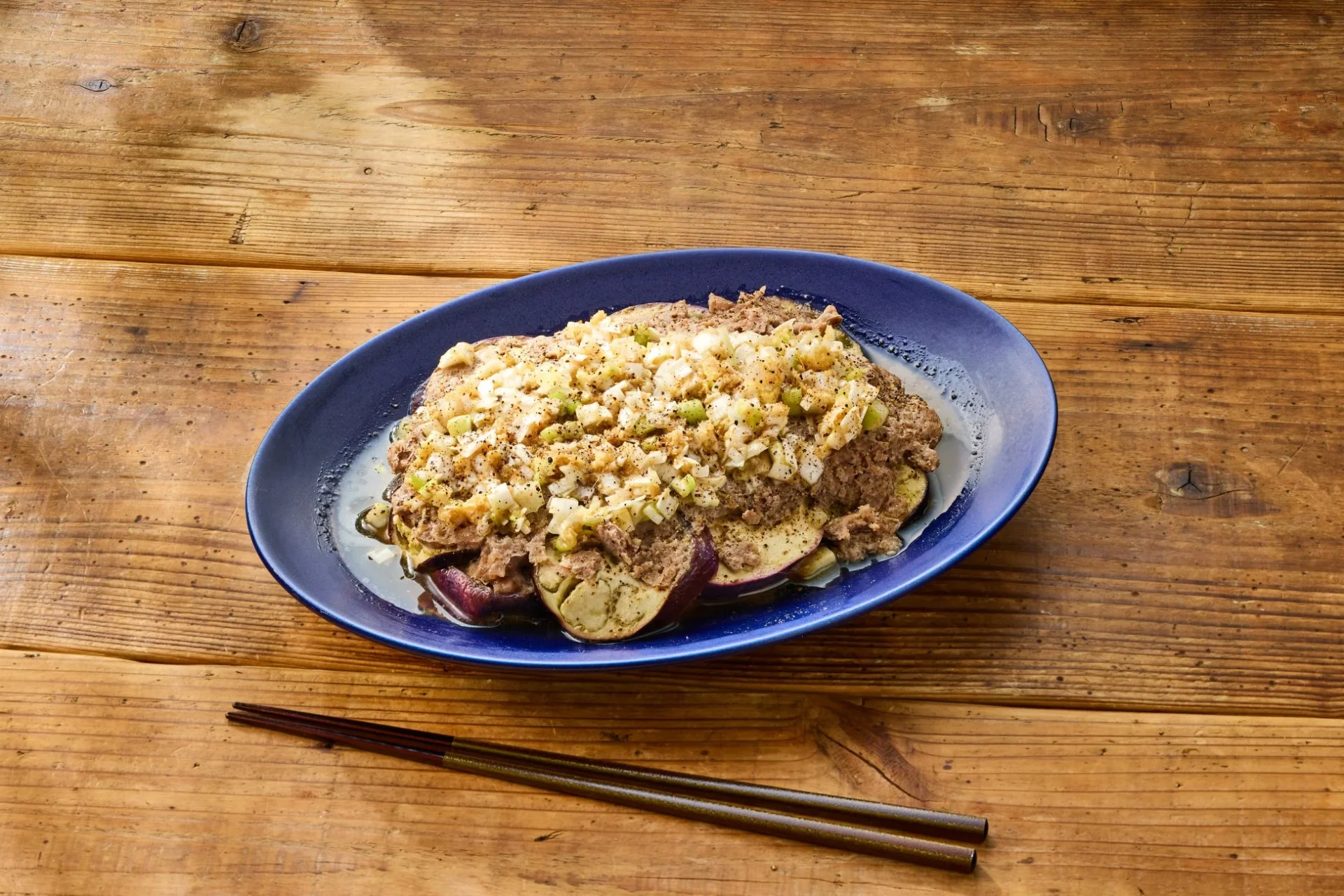 なすと豚ひき肉の地層蒸し〜香味ねぎ塩レモン〜