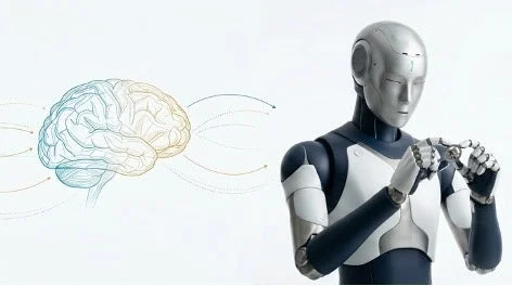 人間の脳とロボットが並置されたイメージ