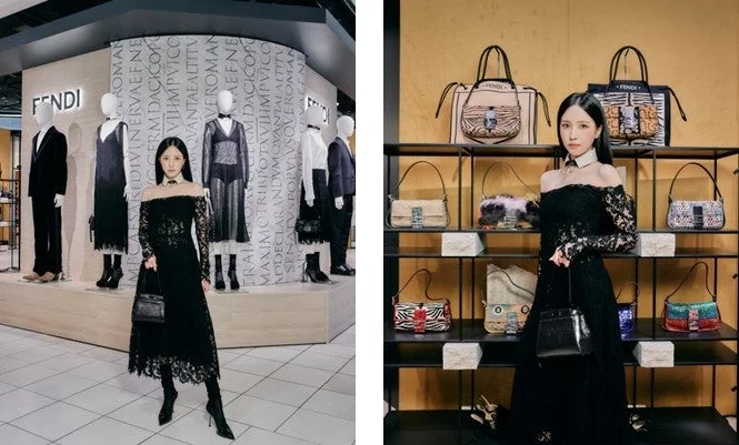 FENDIの店舗で黒いレースのドレスを着た女性がポーズをとる様子
