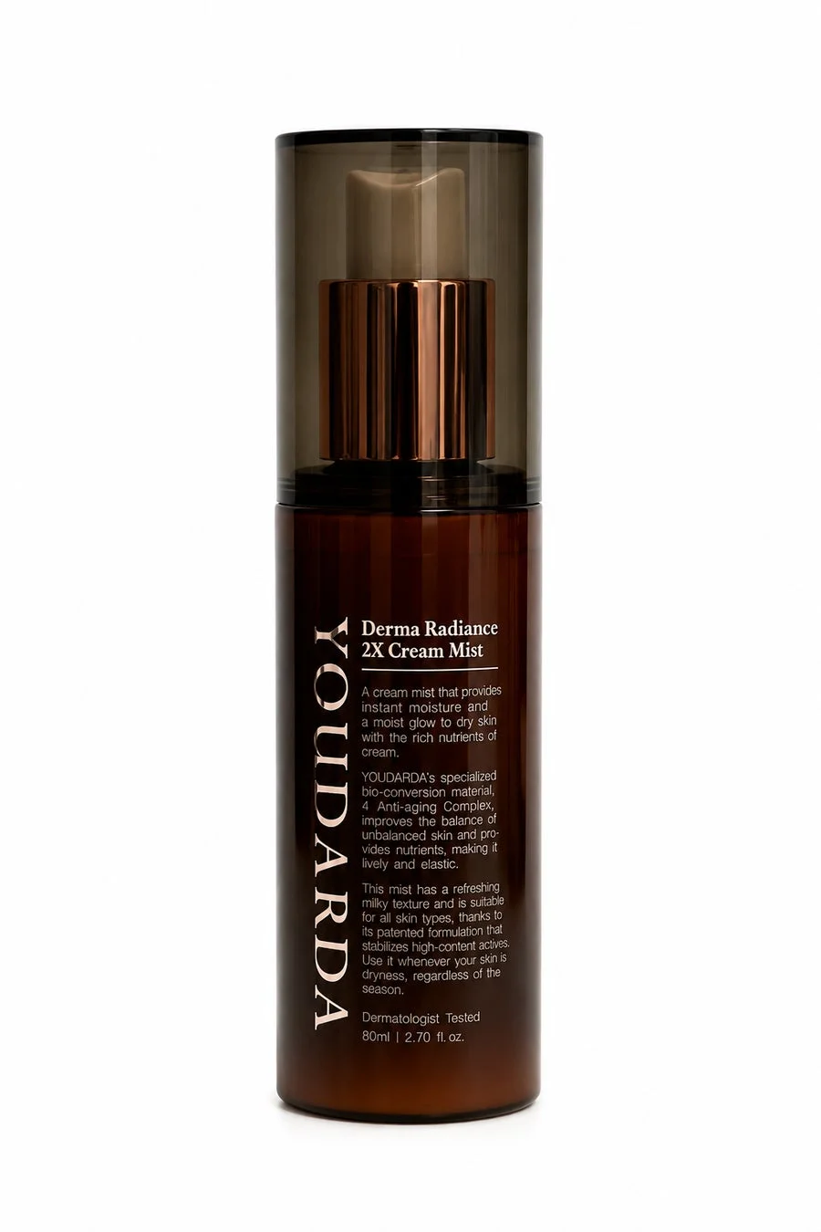 YOUDARDA Derma Radiance 2X Cream Mist A cream mist that provides instant moisture and a moist glow to dry skin with the rich nutrients of cream. YOUDARDA's specialized bio-conversion material, 4 Anti-aging Complex, improves the balance of unbalanced skin and provides nutrients, making it lively and elastic. This mist has a refreshing milky texture and is suitable for all skin types, thanks to its patented formulation that stabilizes high-content actives. Use it whenever your skin is dryness, regardless of the season. Dermatologist Tested 80ml | 2.70 fl. oz.