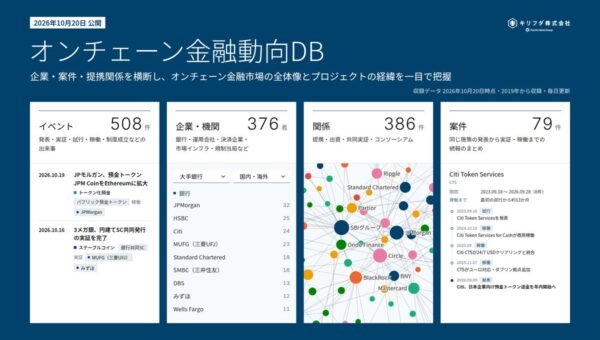 【日本初※】キリフダ、オンチェーン金融の企業・案件・関係性を可視化する「オンチェーン金融動向DB」を公開