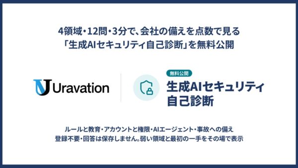 Uravation、無料の「生成AIセキュリティ自己診断」を公開。ルールと教育・アカウントと権限・AIエージェント・事故への備えの4領域を12問・3分で点数にし、弱い領域と最初の一手を示します